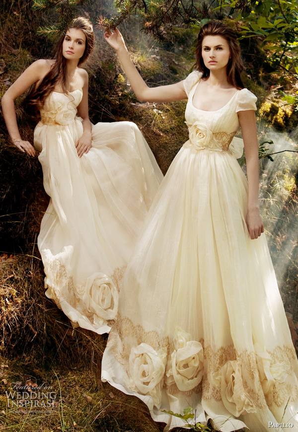 Sunshine strapless wedding gown and Sunray dress with short puffed sleeves