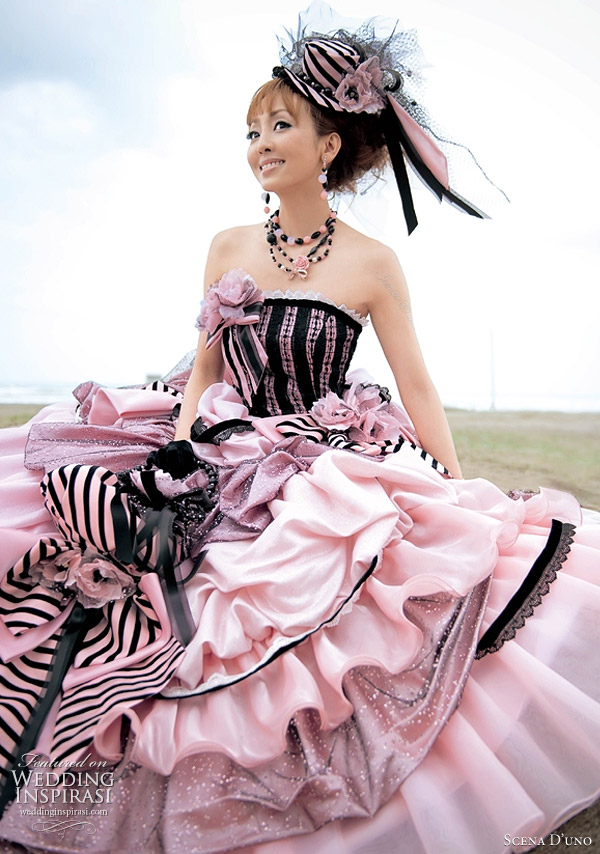 Adorable striped black and pink ball gown wedding dress with pickup skirt