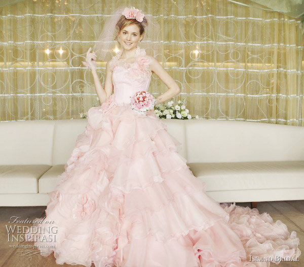 Sweet romantic light pink wedding dress by Japanese label Island bridal