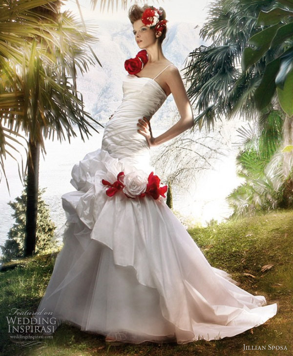 2011 white wedding gown with red flower accents by Jillian Sposa