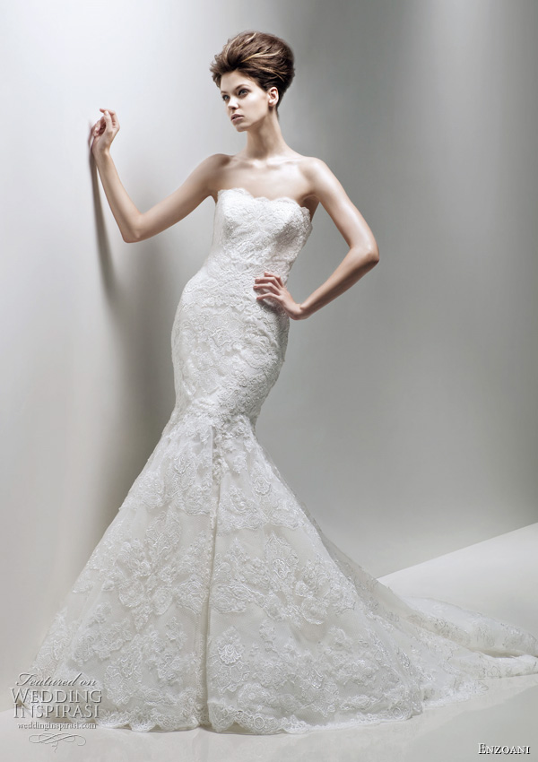 Flora strapless lace wedding gown with draped tulle overlay with crystal 
