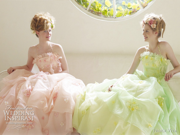 Pretty pale pink and light green gowns with halter straps and appliqued 