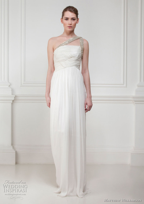 Grecian style chiffon gown with soft pleating at bodice and Swarovski 