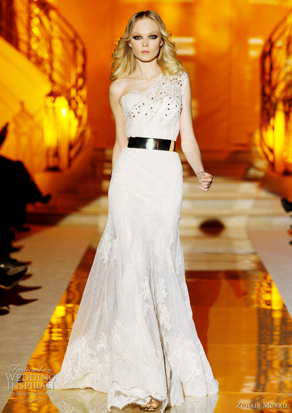 Oneshoulder lace gown with gold belt zuhair murad bridal 2011