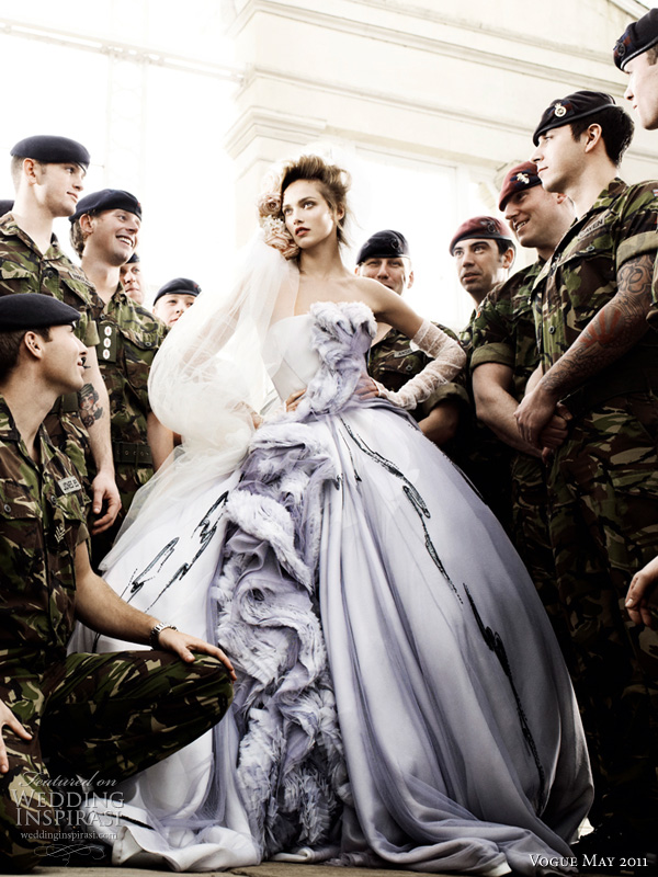 dior wedding dress vogue mario testino - model Karmen Pedaru in an embroidered off-white silk and grey degrade tulle dress by Dior Haute Couture, surrounded by soldiers, shot by photographer Mario Testino for British Vogue royal wedding issue may 2011