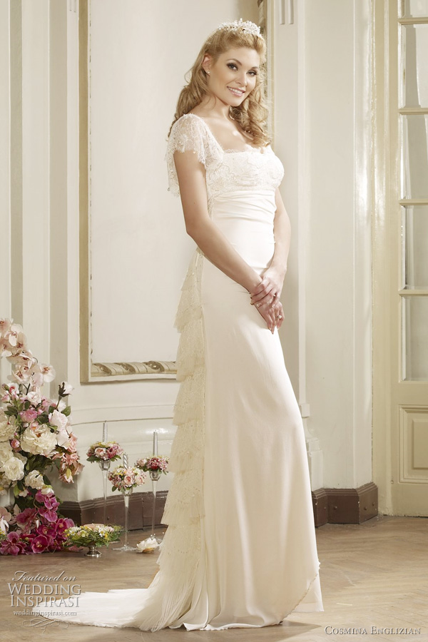 Elizabeth silk wedding gown with romantic Chantilly lace butterfly sleeves 