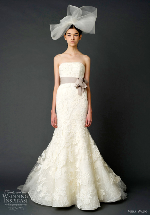 vera wang spring 2012 bridal - Strapless mermaid gown with floating multi-layered lace appliqué and sunburst petal pleated train with grosgrain multi-bow sash.