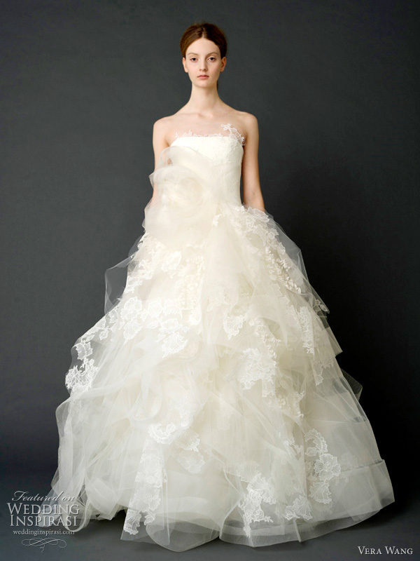 vera wang wedding dresses 2012 - Strapless tumbled tulle caged gown with floating lace and organza appliqué and horsehair and tulle corsage.