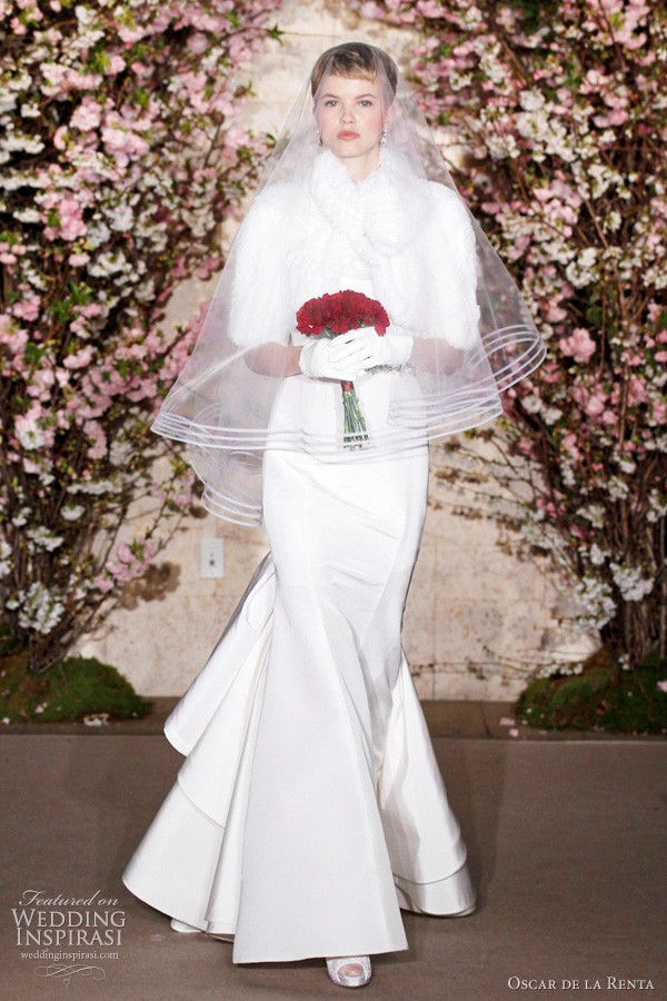 Winter wedding dress silk faille princess seam trumpet gown worn with 