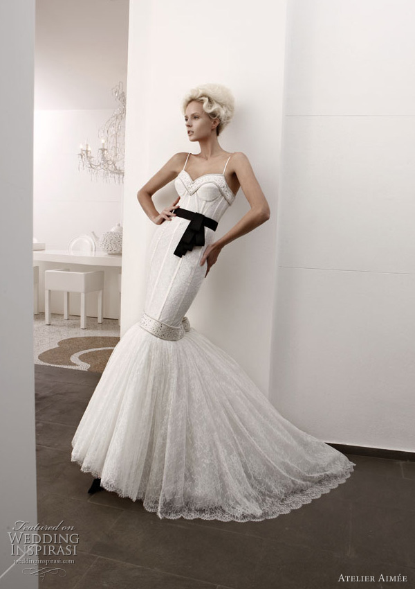  chantilly lace mermaid gown with black sash atelier aimee wedding gowns
