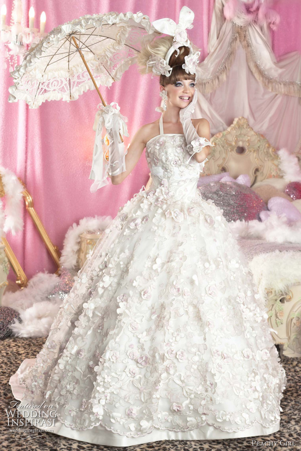 cute white wedding dress peachy girl - ball gown and frilly bridal parasol umbrella