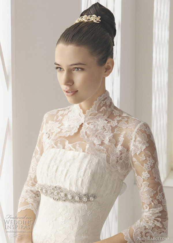 3 4 sleeve high collar lace top with Begonia strapless wedding dress from