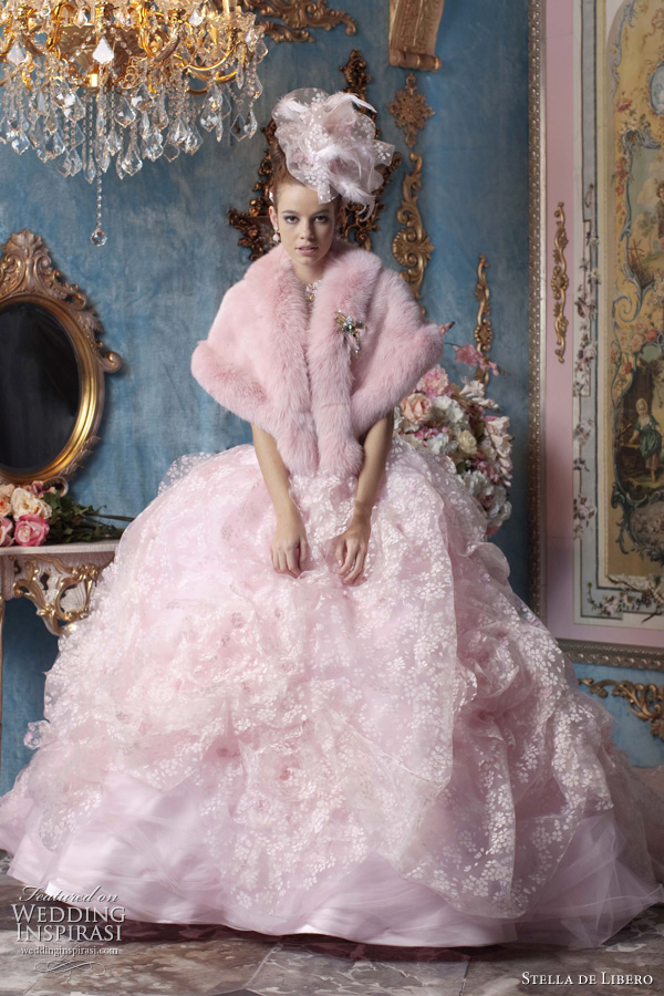 pink wedding dresses 2011 - pink wedding gown with pink fur stole by japanese bridal label Stella de Libero