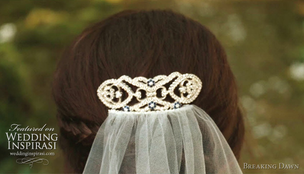 Close up picture of Bella's wedding veil and hair piece dotted with a little