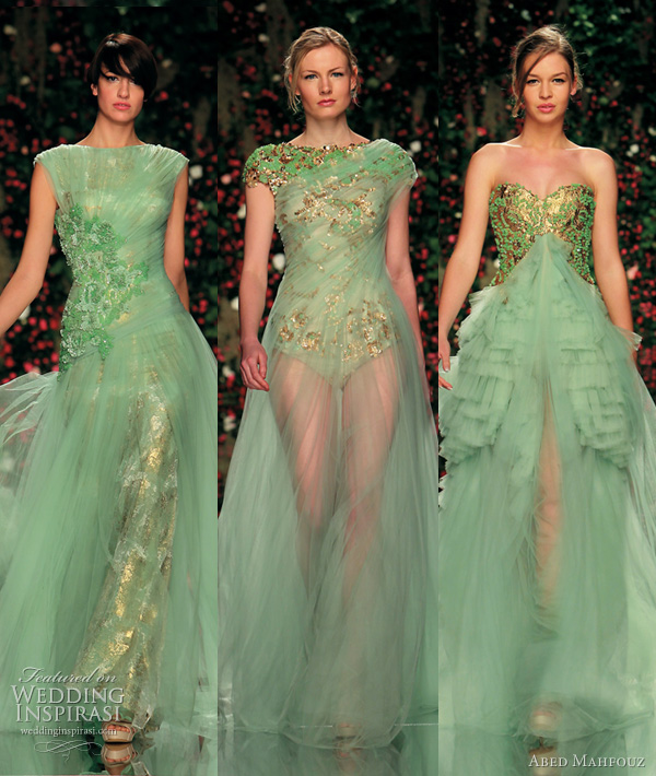 Pale green dresses with gold accents green wedding dresses abed mahfouz 