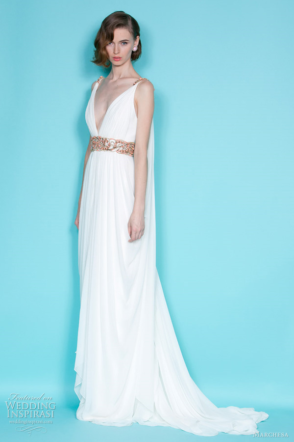 White grecian style draped dress with beaded belt and detail at straps