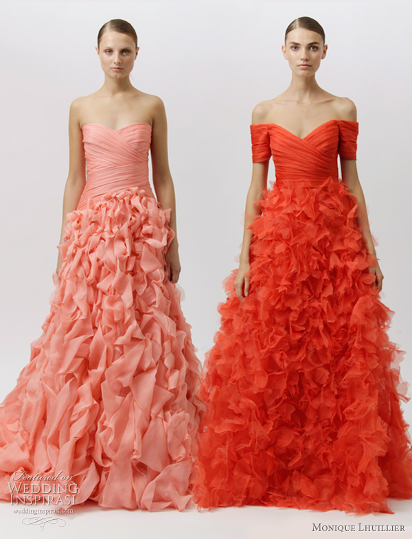 monique lhuillier resort 2012 color wedding dresses ideas red and salmon 