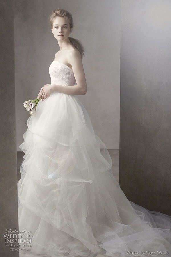 Below ball gown with corded lace bodice and tossed tulle skirt