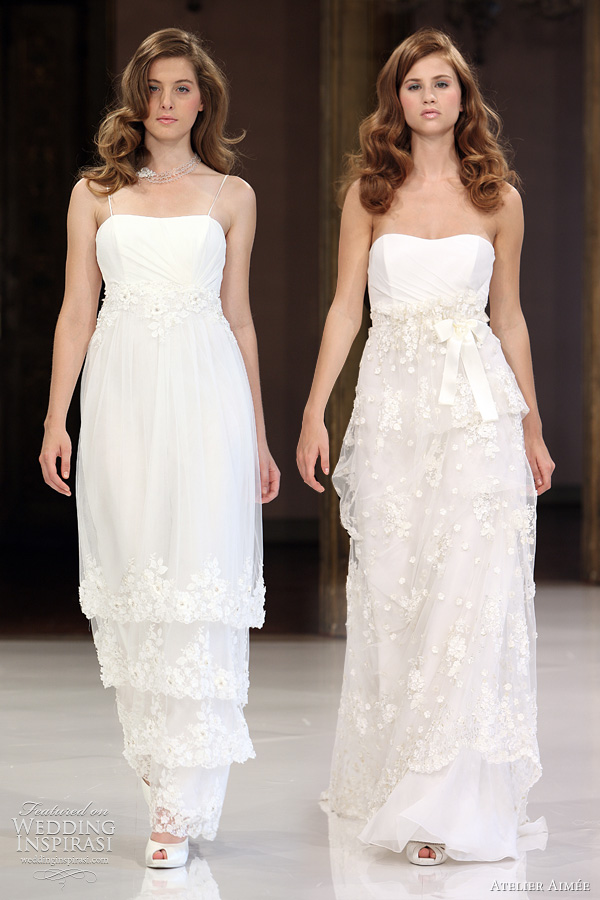 Empire lace accented gowns with three tiered skirt and strapless with a