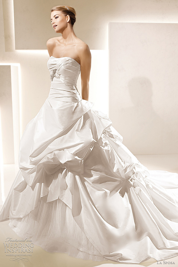 Sarria strapless wedding dress with pleated bodice and gathered ball gown 