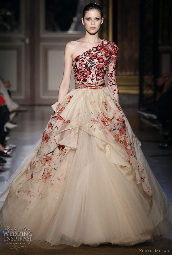 Below oneshoulder ball gown with cherry blossom embroidery