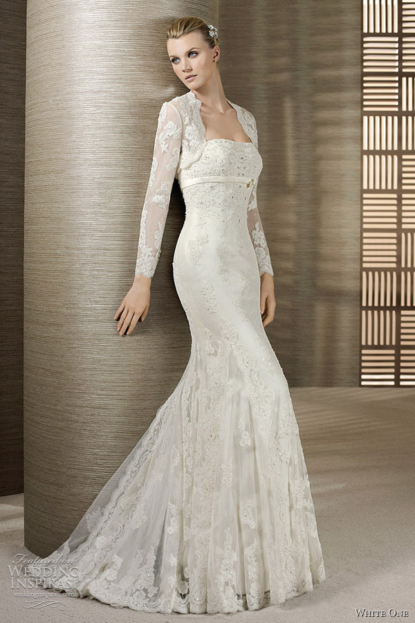 ... lace fit and flare gowns are gorgeous! Above, shown with long sleeve