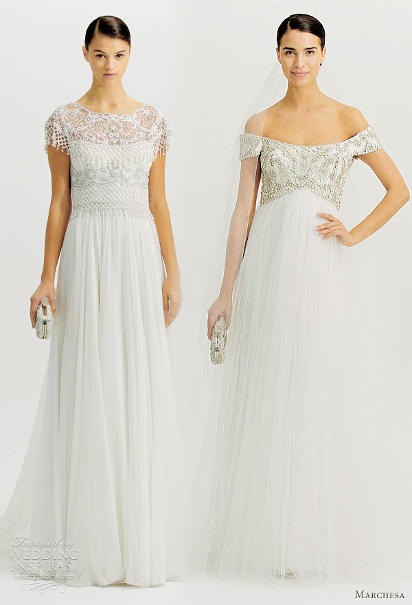 Flowy gowns with latticed and beaded detailing