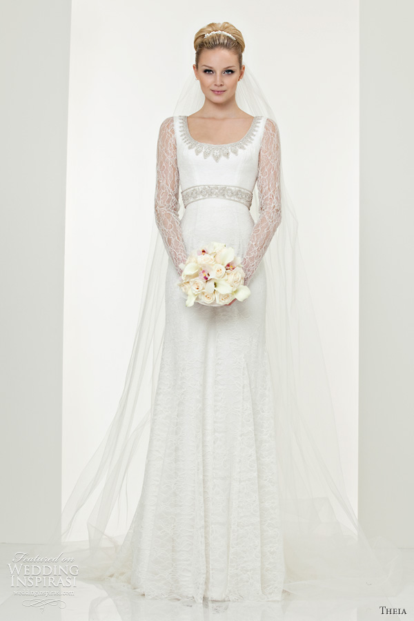 Above lace gown with long pearl buttoned sleeves and beaded neckline and