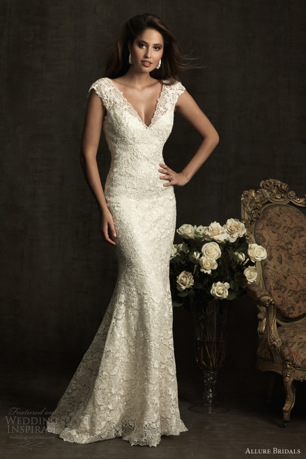 allure bridals 2012 lace wedding dress Fit and flare gown with ruffled 