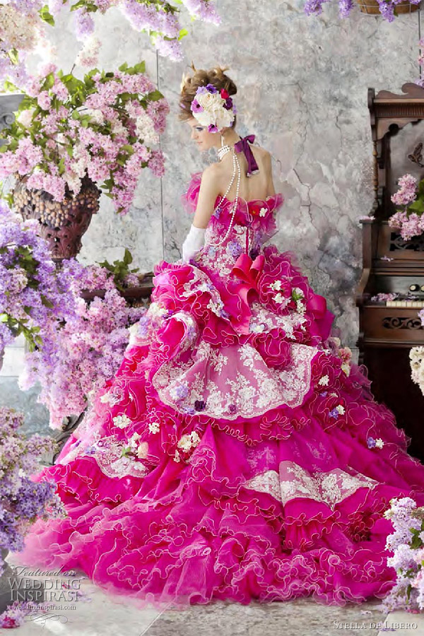 Fuschia hot pink wedding gown featuring multitextured skirt