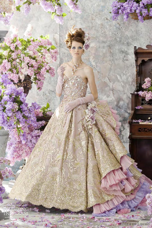  pleated ruffle accents in pink and purple gold wedding dresses 2012