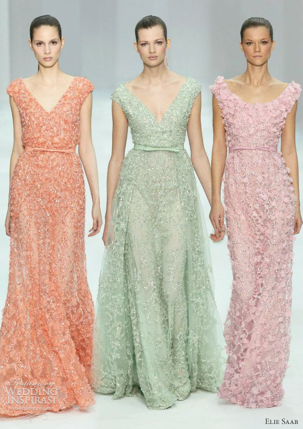 Shimmery gowns with elbow length sleeves in pale yellow green and light 