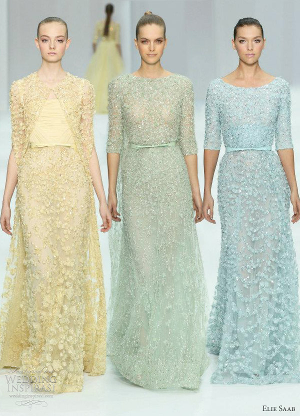 Shimmery gowns with elbow length sleeves in pale yellow green and light