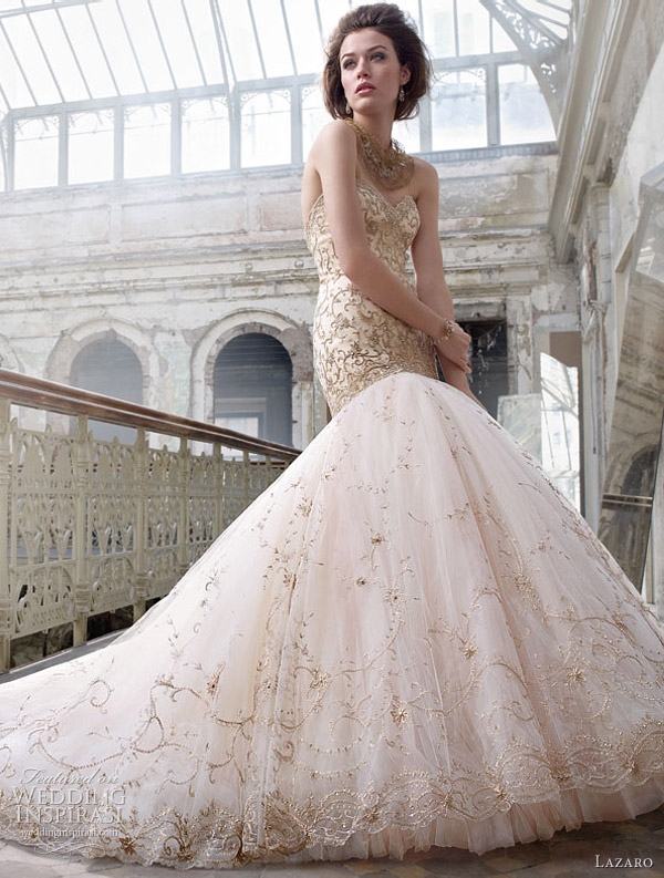 Gold embroidered English net over sherbet tulle bridal ball gown 