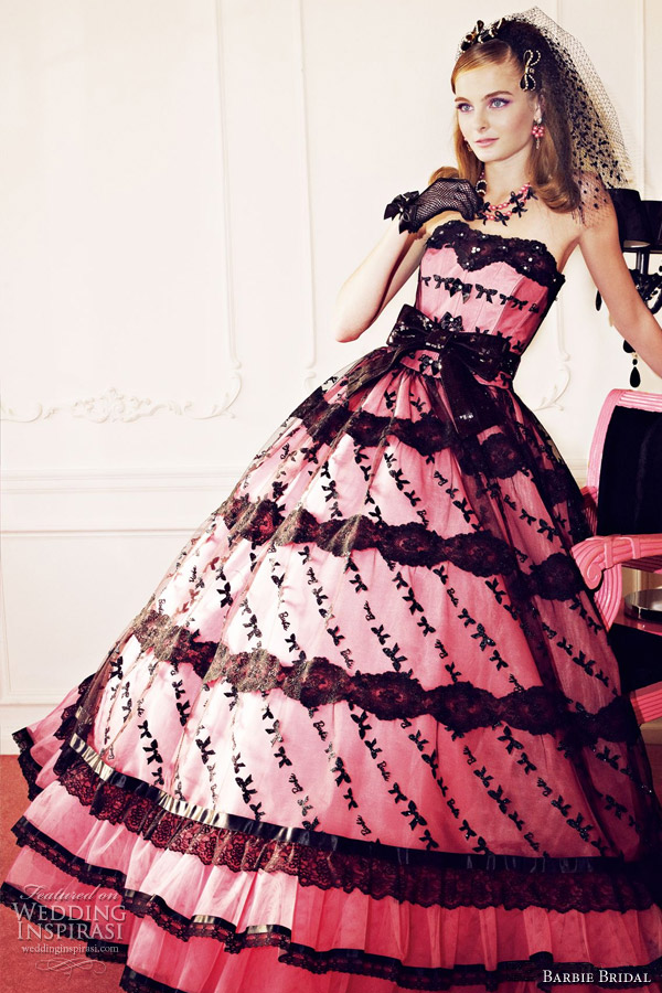 Pink ball gown with black accents barbie pink wedding gowns 2012
