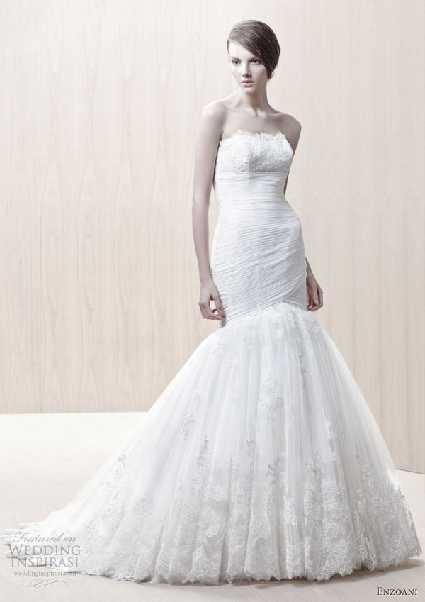 Gwyneth wedding dress with strapless scalloped lace neckline chiffon ruche