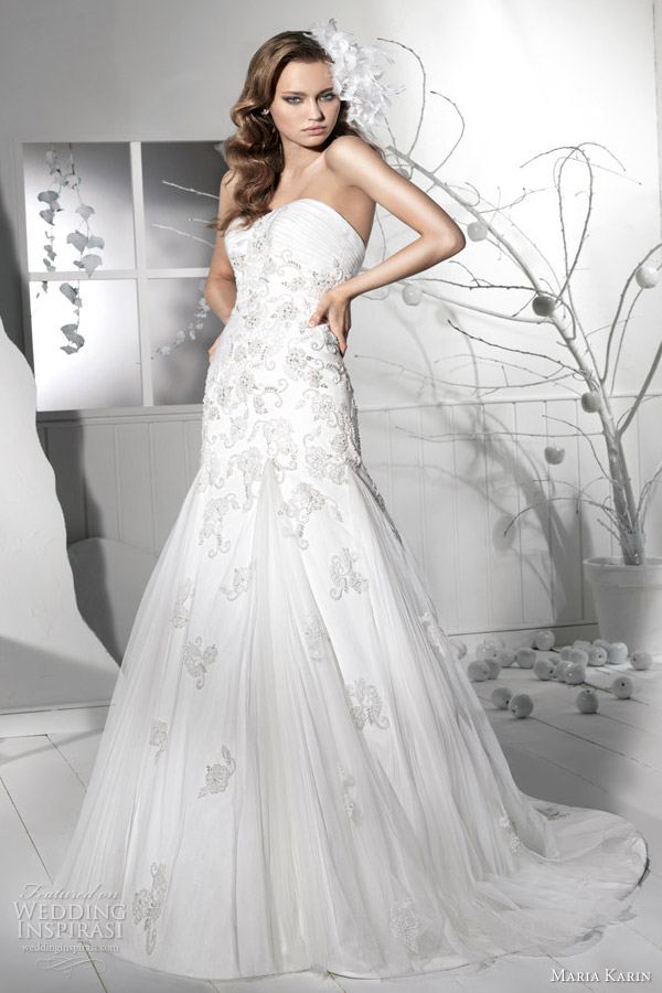 Fit and flare strapless gown with gored skirt maria karin wedding dress 