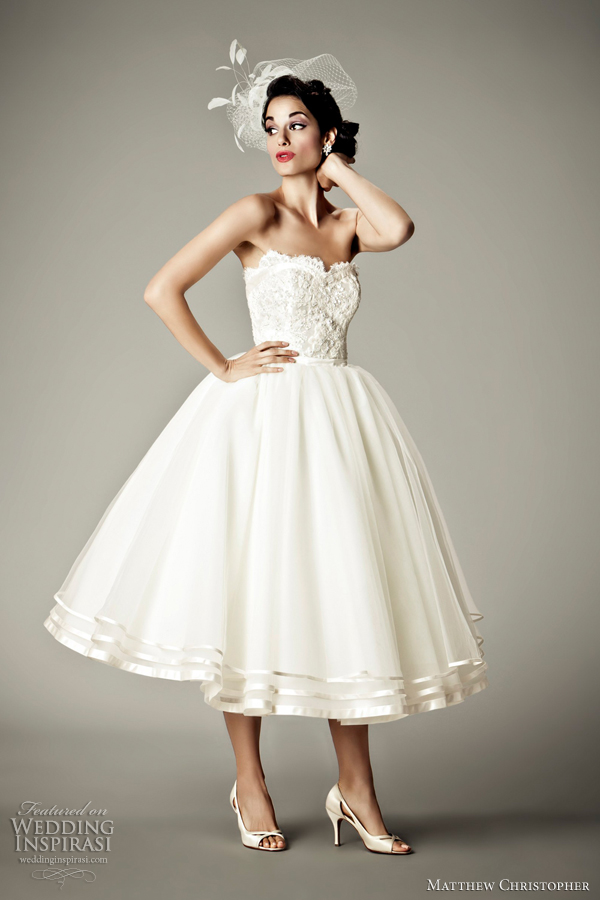 Arabesque tea length wedding dress featuring strapless sweetheart Alencon 