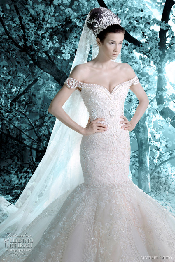Offshoulder mermaid gown with intricate beading michael cinco wedding 