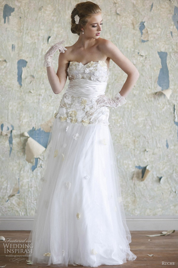 Claire vintagestyle gown featuring rosettes of tulle delicate embroidery