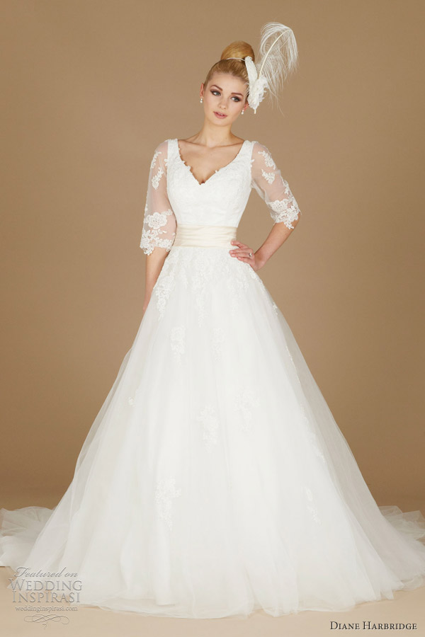 Chloe vneck gown with elbow length lace sleeves and light gold sash