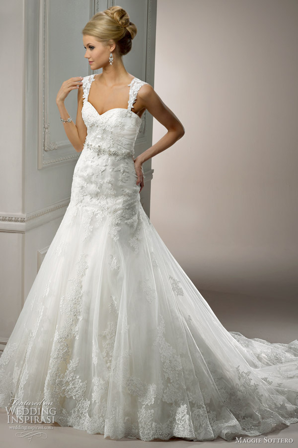 Sarchi lace on tulle over satin fit and flare gown featuring an elegant 