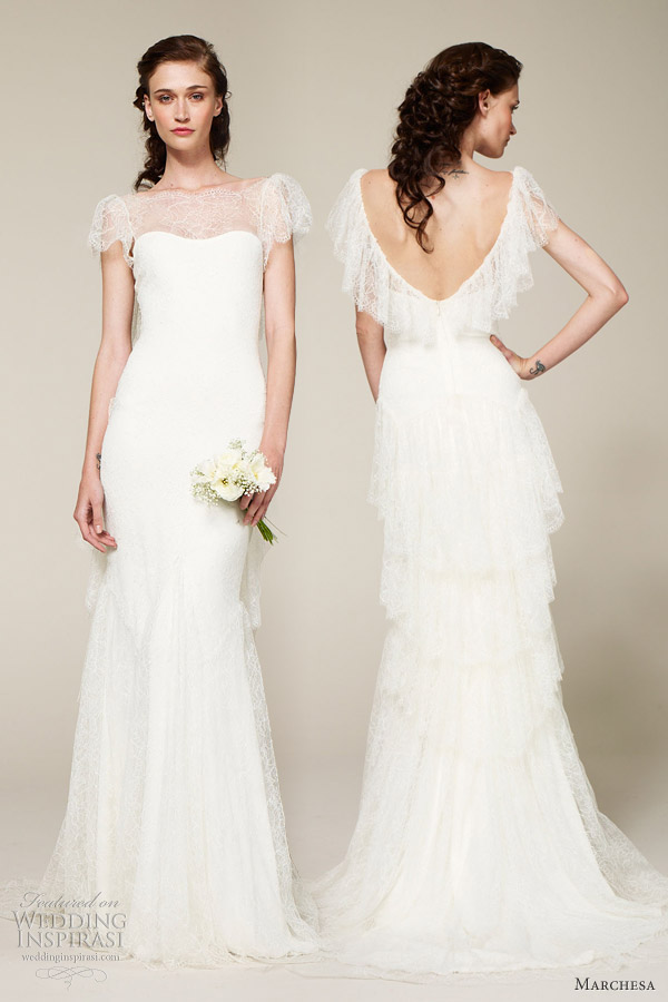 Tiered lace gown with scalloped edge illusion short sleeves