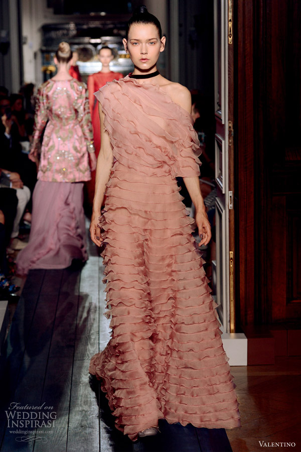 valentino fall 2012 couture one shoulder pink ruffle dress