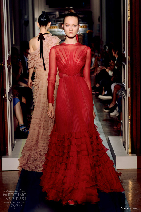 valentino fall 2012 couture red gown long sleeves ruffle skirt