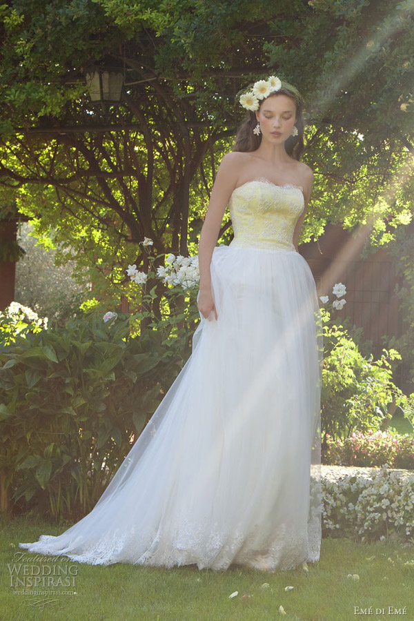 bridal gowns in pale yellow