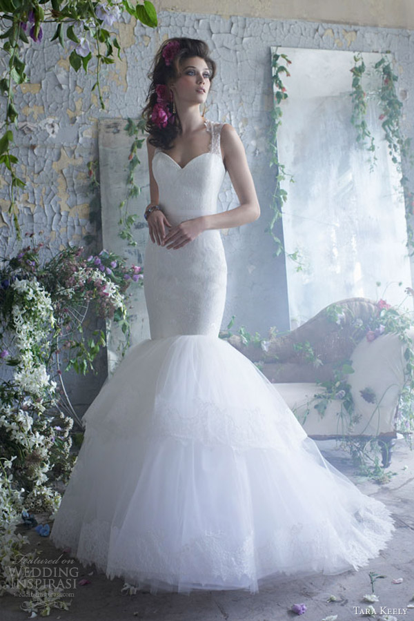 tara keely bridal spring 2013 lace fit flare wedding dress sleeveless elongated keyhole sash tiered tulle