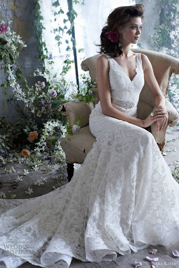 tara keely wedding dresses spring 2013 bridal lace fit flare gown v neckline beaded ribbon belt