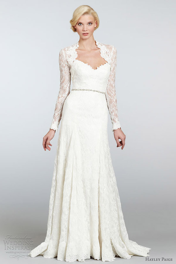 hayley paige bridal spring 2013 juliet strapless lace a line gown long sleeve bolero hp6305