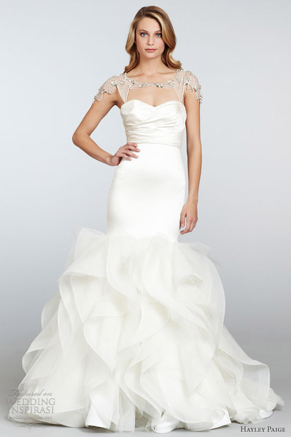 hayley paige wedding dress spring 2013 leighton strapless fit flare gown silk satin ruched bodice sweetheart neck jeweled hp6302